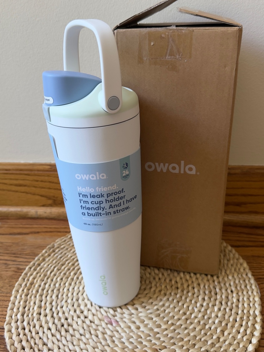 Owala Insulated Water Bottle - White with Light Blue Accents